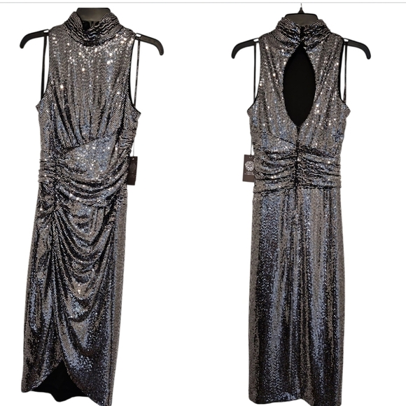 NWT Vince Camuto Dress Midi  Silver Metallic Mock Neck Cocktail Woman sz 4 - Picture 9 of 9